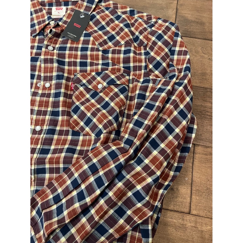Levis Mens The Western Standard Fit Plaid Snap Button Shirt XL Burgundy Navy - Picture 6 of 7